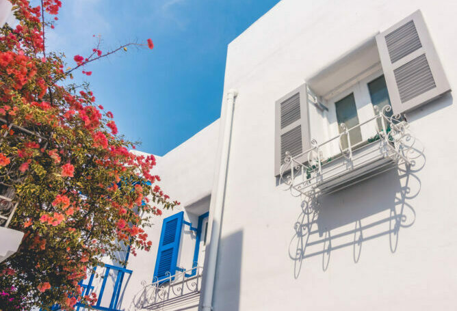 Beautiful Architecture building Exterior with santorini and greece style - Vintage light filter